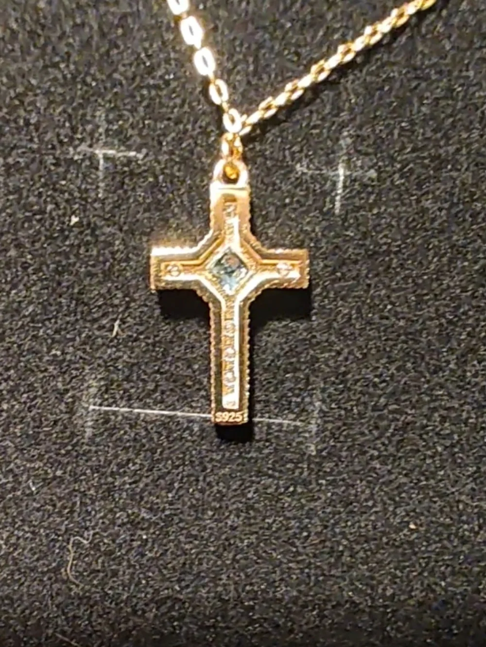 Moissanite Cross Necklace with Blue Center Gem, 925 Silver Plated In 14k Gold